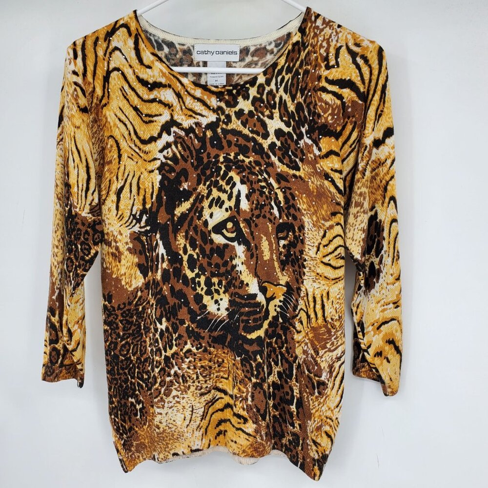 Cathy Daniels Y2K Look Tiger Embellished 3/4 Sleeve Tiger Striped Shirt Medium
